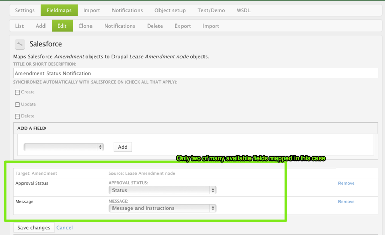 screenshot of salesforce node and cck field mapping